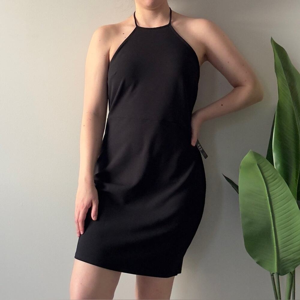 Express Black Halter Dress mini LBD solid tie bow neck party classic pencil NWT